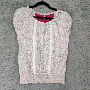 Bare Denim Top Womens Large White Pink Floral Cap Sleeve Cottagecore Blouse